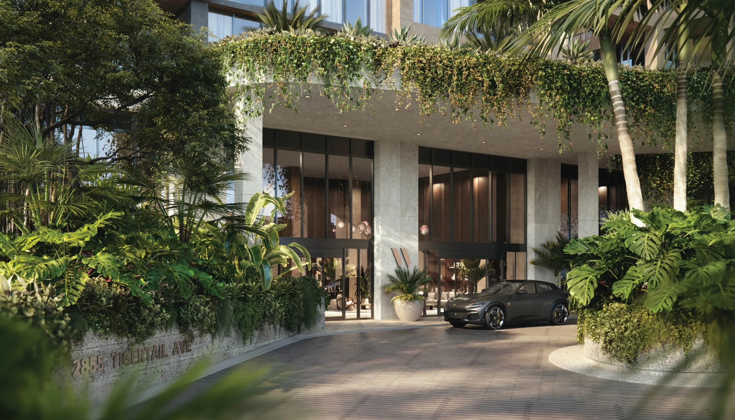 A garden entrance with palms