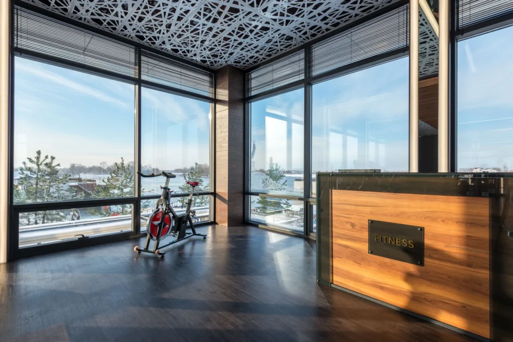 The fitness center with a view of the bay