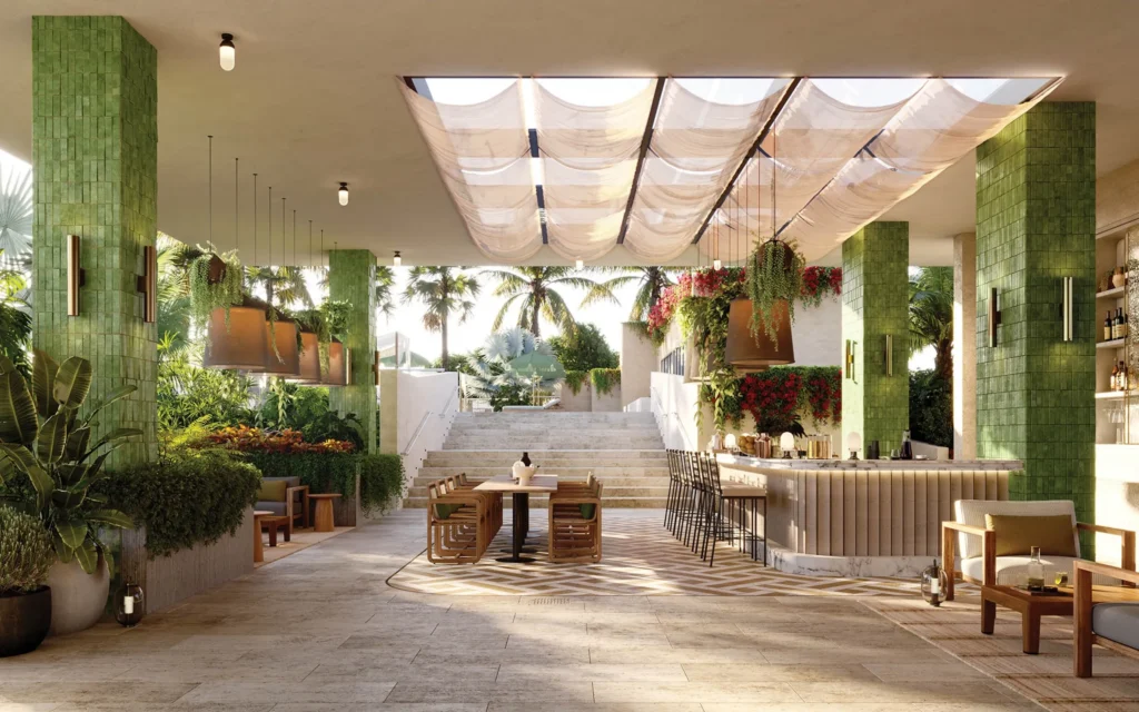 An open air arcade with gardens